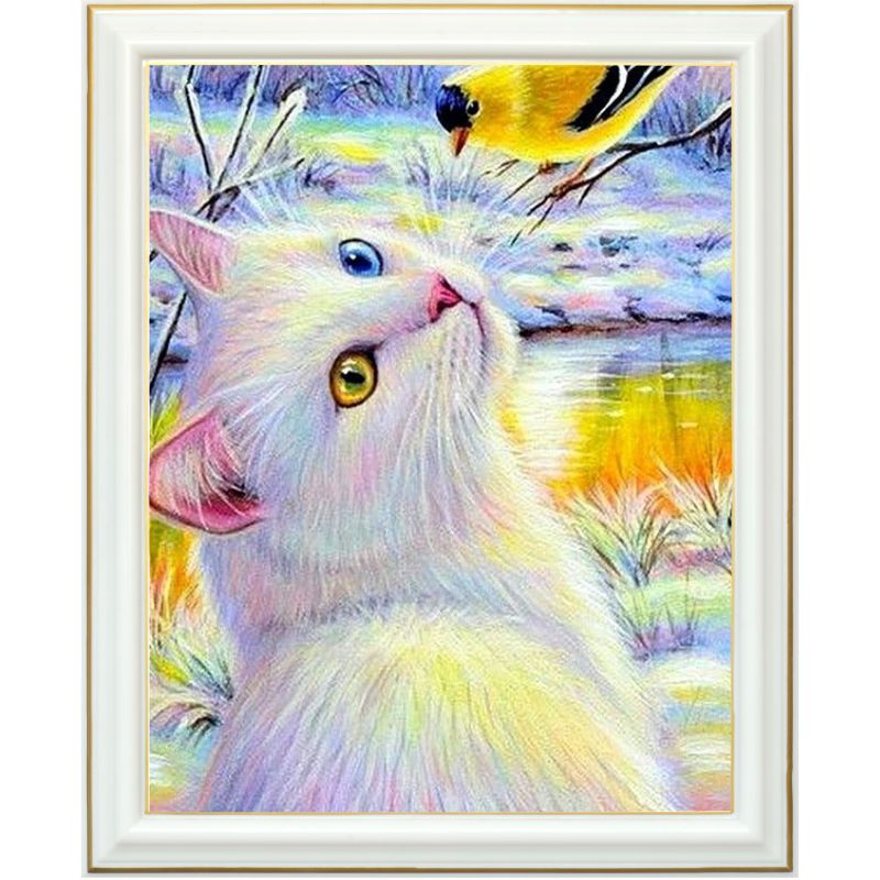 Broderie diamant - Chat blanc d'hiver