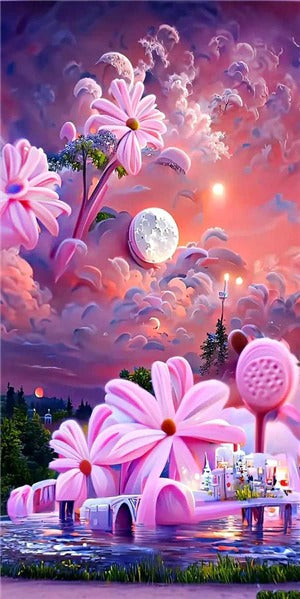 Broderie diamant XXL - Paysage fleurs roses