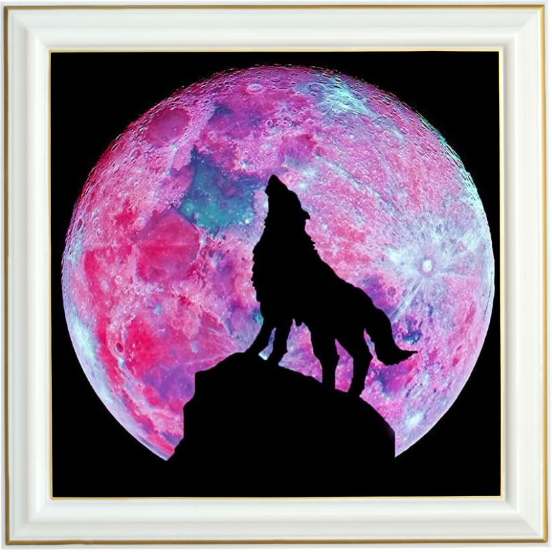 Broderie diamant - Loup et lune rose