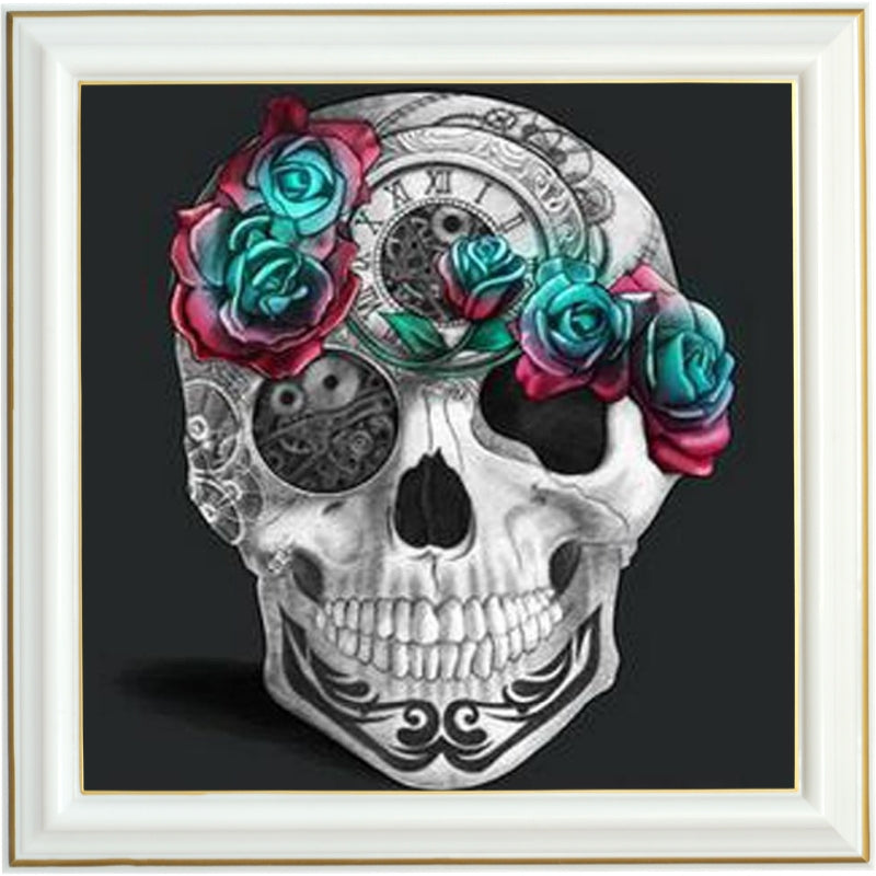 Broderie diamant - Tête de mort et roses vertes