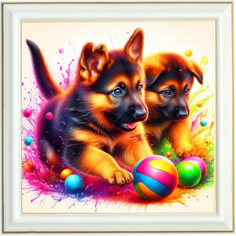 Diamond Painting - Chiots Berger Allemand Jouant avec des Balles Colorées