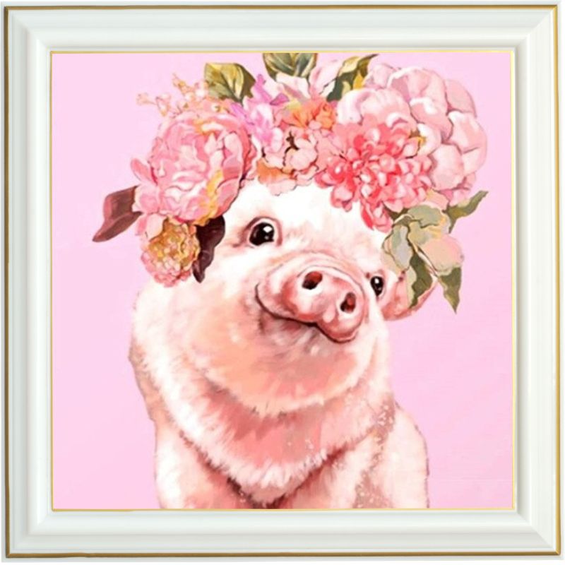 Broderie diamant - Cochon et fleurs roses