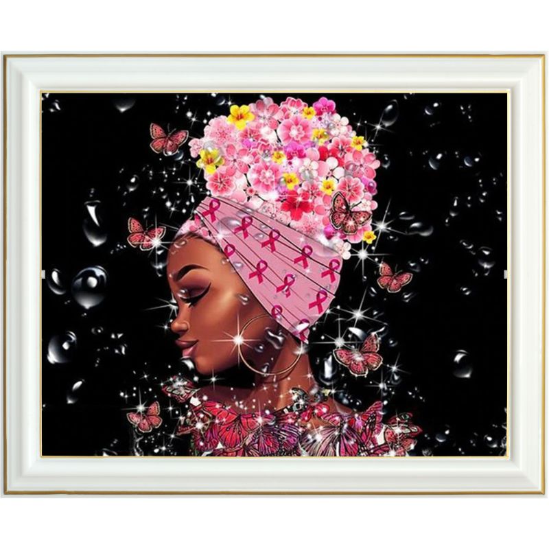 Broderie diamant - Africaine et fleurs roses