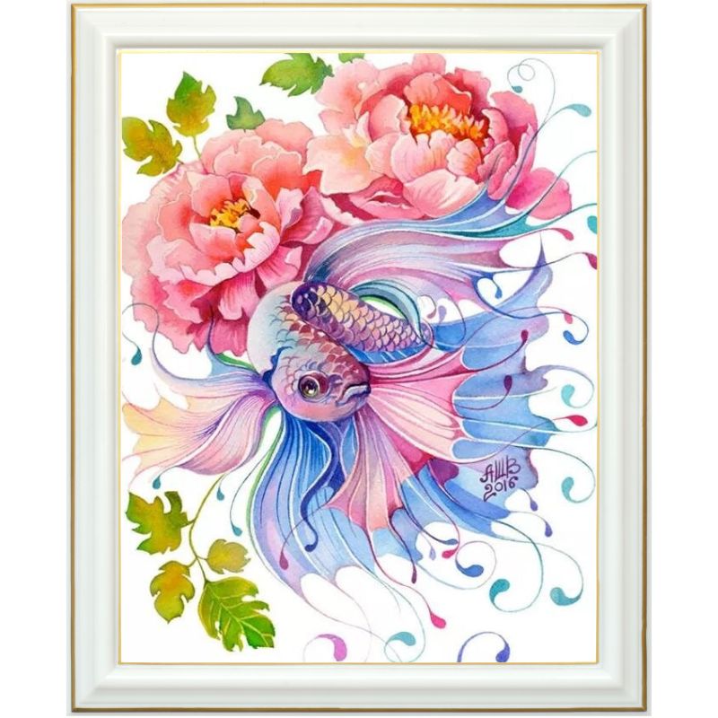 Broderie diamant - Poisson et pivoine