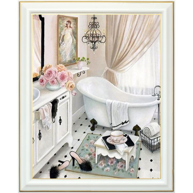 Éclat de Pureté : Kit de Diamond Painting Salle de Bain Blanche