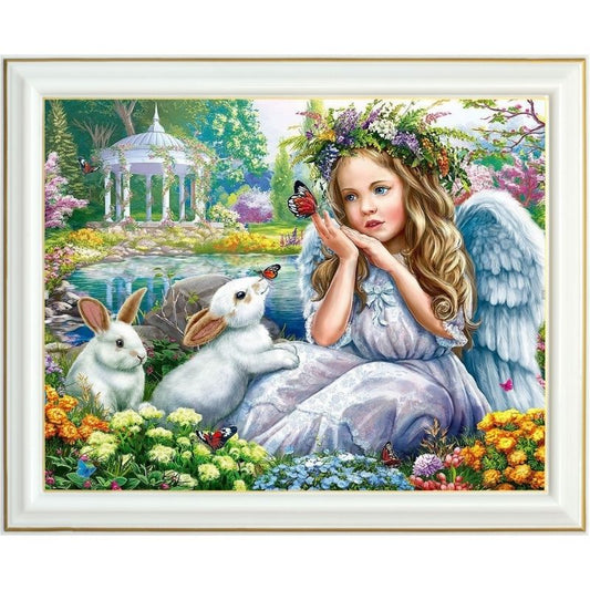 Broderie diamant - Ange et lapins blancs