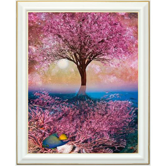 Broderie diamant - Arbre aux feuilles roses