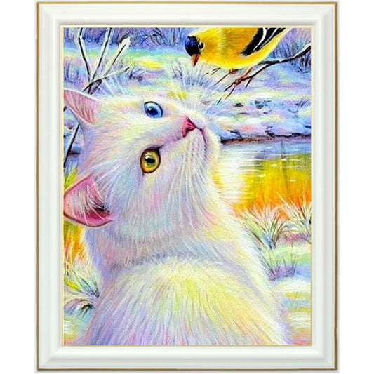Broderie diamant - Chat blanc d'hiver