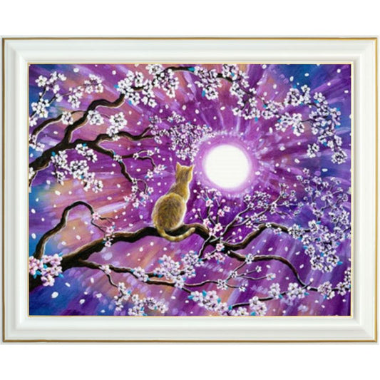 Broderie diamant - Chat perché en pleine lune