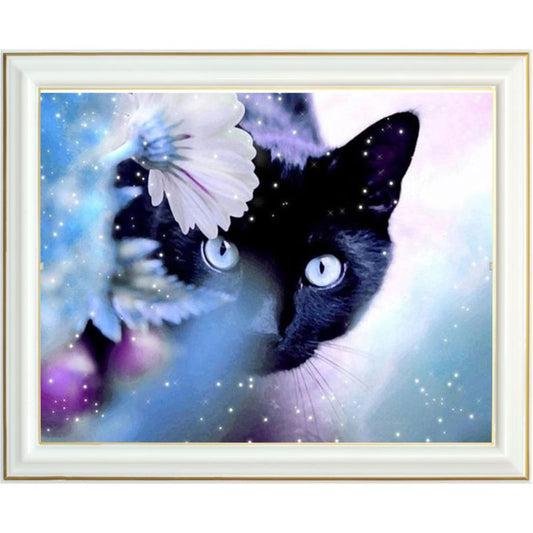 Broderie diamant - Chat noir aux yeux bleus