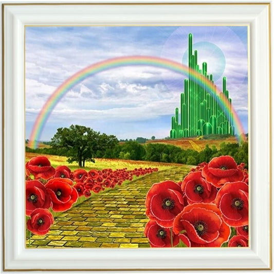 Broderie diamant - Chemin doré et coquelicots