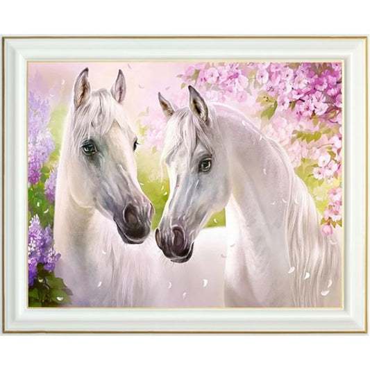 Broderie diamant - Couple de chevaux blancs