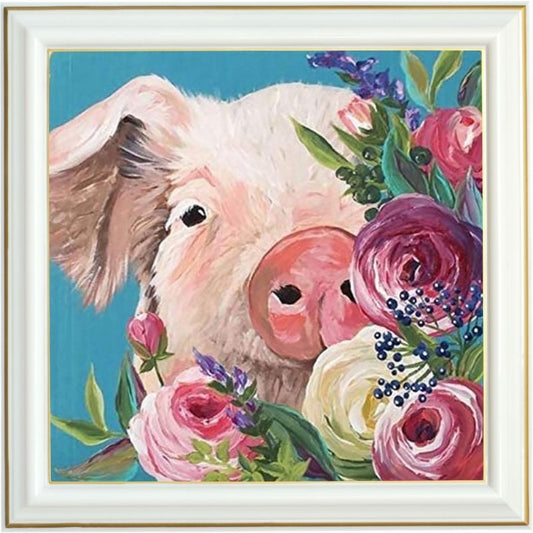 Broderie diamant - Cochon et roses