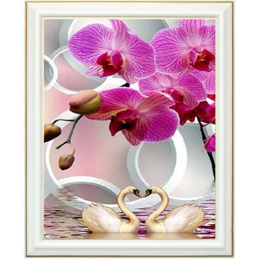 Broderie diamant - Cygnes et fleurs roses