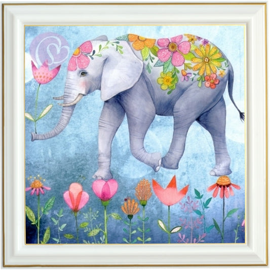 Broderie diamant - Éléphant et fleurs roses