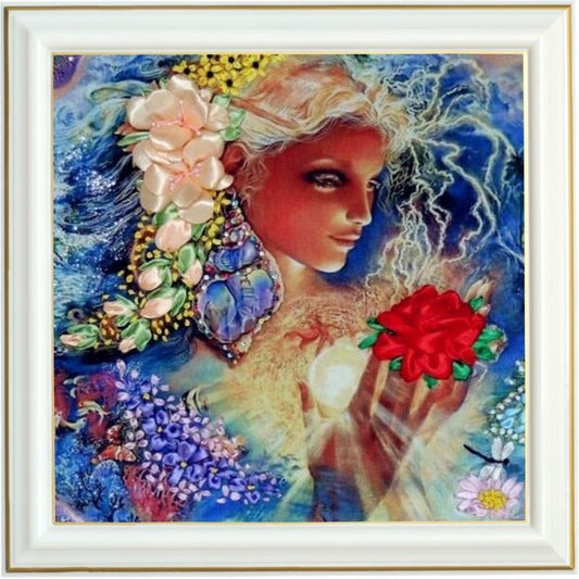 Broderie diamant - Femme à la rose rouge