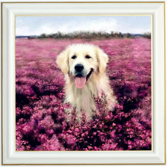 Broderie diamant  - Golden retriever et fleurs roses