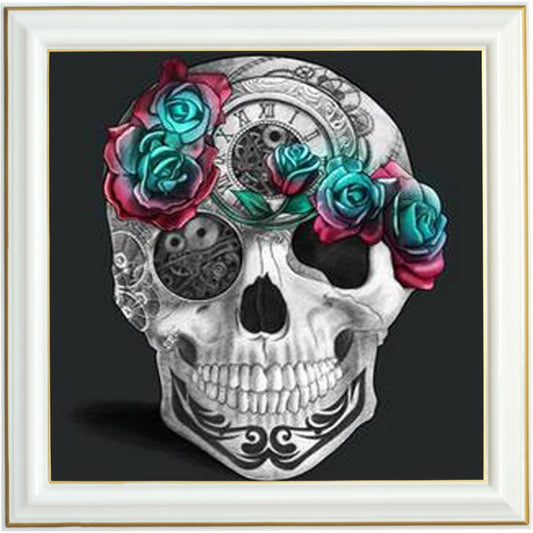 Broderie diamant - Tête de mort et roses vertes