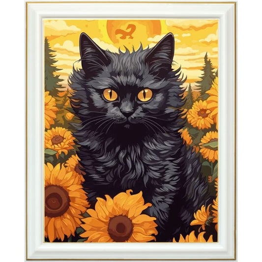 Diamond painting AB - Chat noir dans un champ de tournesol