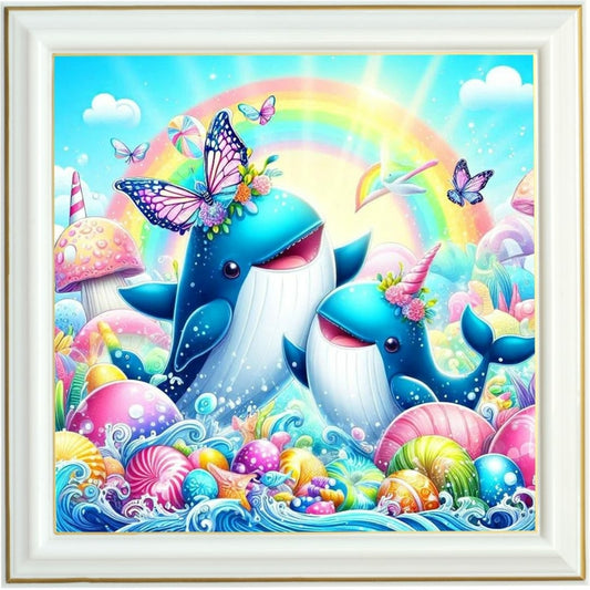 Diamond painting - Baleines joyeuses sous l'arc-en-ciel