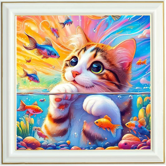Diamond painting AB - Chat curieux et poissons colorés