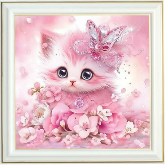 Diamond painting AB - Chaton rose et papillon féérique
