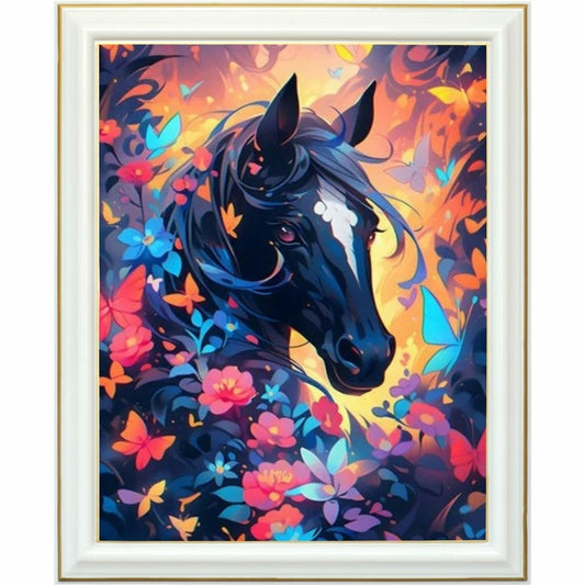 Diamond Painting - Cheval mystique entouré de fleurs et de papillons