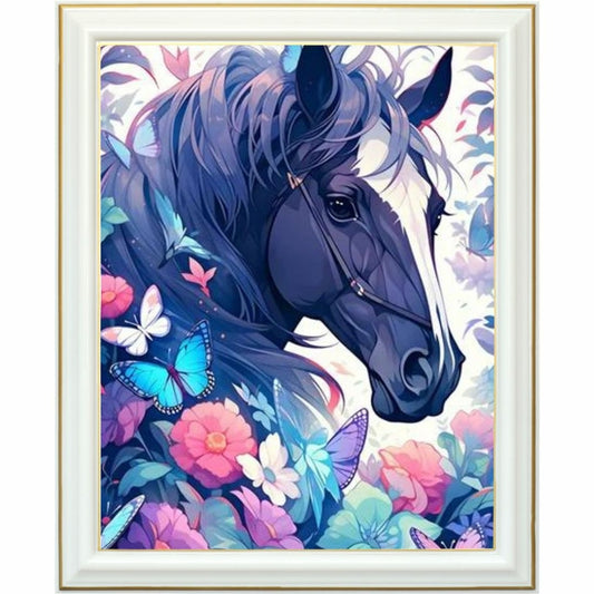 Diamond Painting - Cheval élégant parmi les fleurs et papillons