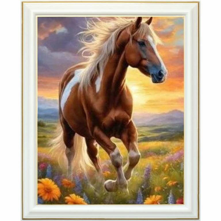 Diamond Painting - Cheval en course au crépuscule champêtre