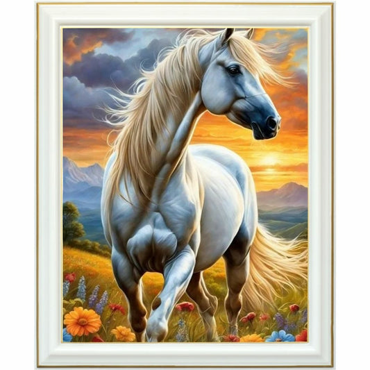 Diamond Painting - Cheval noble au lever du jour dans un champ fleuri