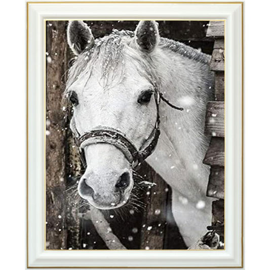 Broderie diamant - Cheval blanc en hiver