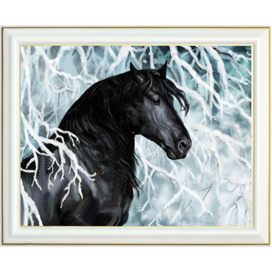 Broderie diamant - Cheval noir d'hiver