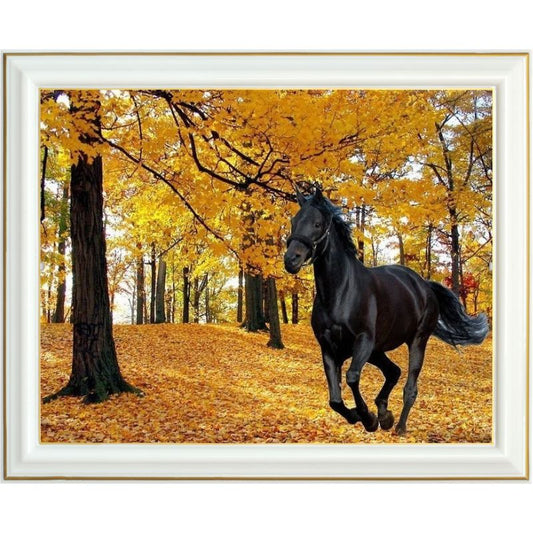 Broderie diamant - Cheval noir en forêt