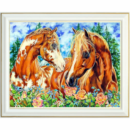 Diamond Painting - Chevaux élégants au cœur de la nature florale