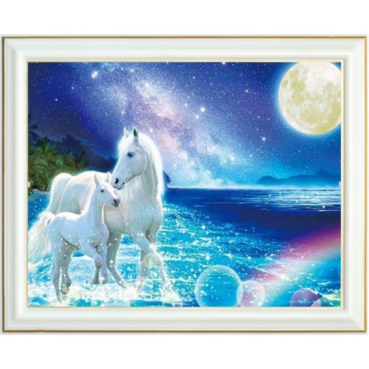 Diamond painting - Chevaux blancs et pleine lune