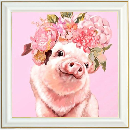 Broderie diamant - Cochon et fleurs roses
