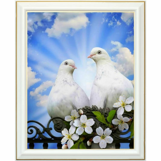 Broderie diamant - Colombes et fleurs blanches