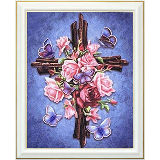 Broderie diamant - Croix, papillons et roses