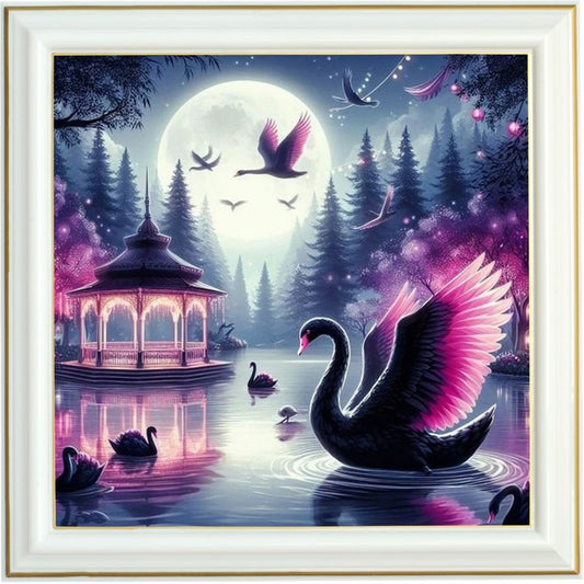 Diamond painting - Cygnes noirs sous la lune, sérénité nocturne
