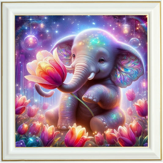 Diamond Painting AB - Éléphanteau Magique et Fleur Étoilée