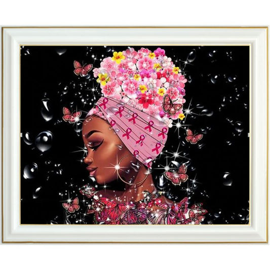Broderie diamant - Africaine et fleurs roses