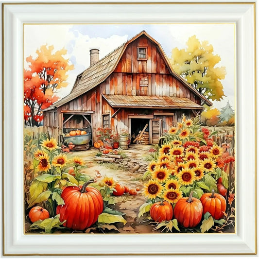 Diamond painting AB - Ferme rustique en automne avec tournesols et citrouilles