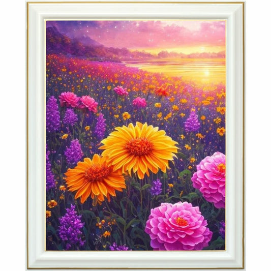 Diamond painting - Champ de fleurs au crépuscule