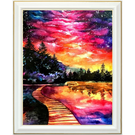 Broderie diamant - Coucher de soleil sur le lac
