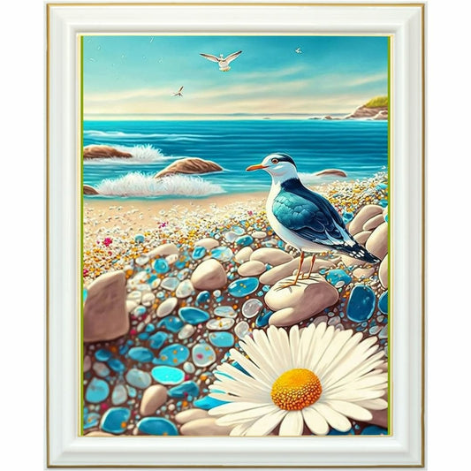 Diamond painting - Mouette sur une plage aux galets bleus
