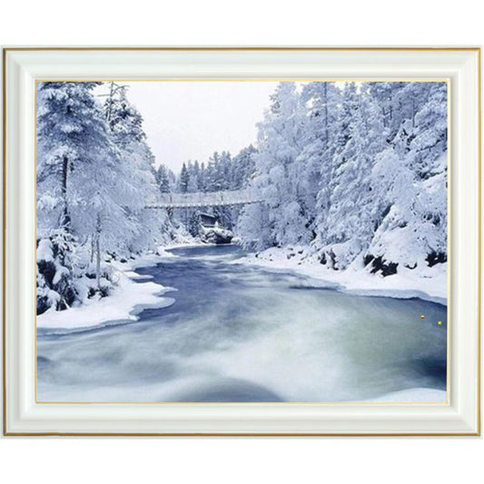 Diamond painting - Rivière Enneigée sous un Pont Suspendu