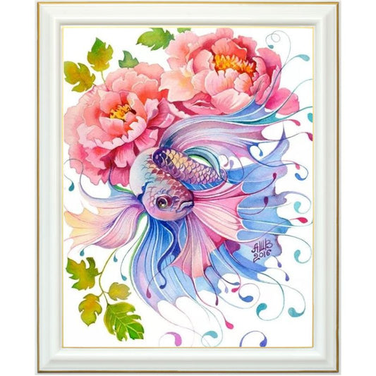 Broderie diamant - Poisson et pivoine
