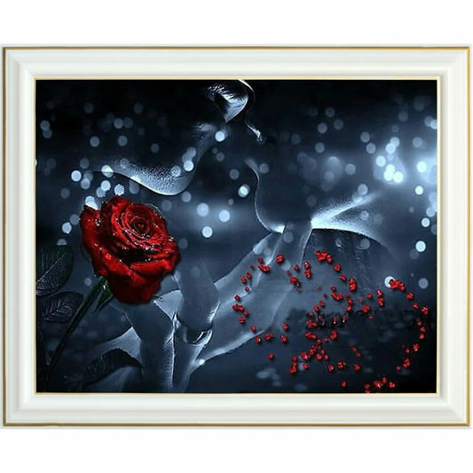 Broderie diamant - Amour et rose rouge
