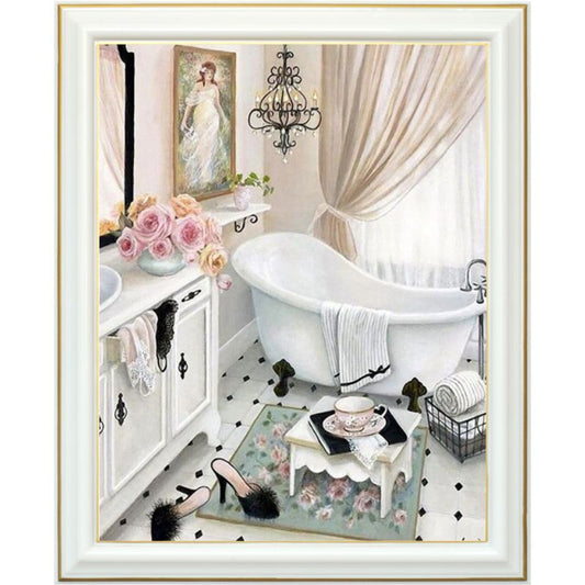 Éclat de Pureté : Kit de Diamond Painting Salle de Bain Blanche