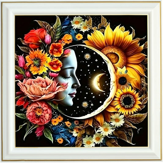 Diamond painting - Visage de la Lune entouré de fleurs